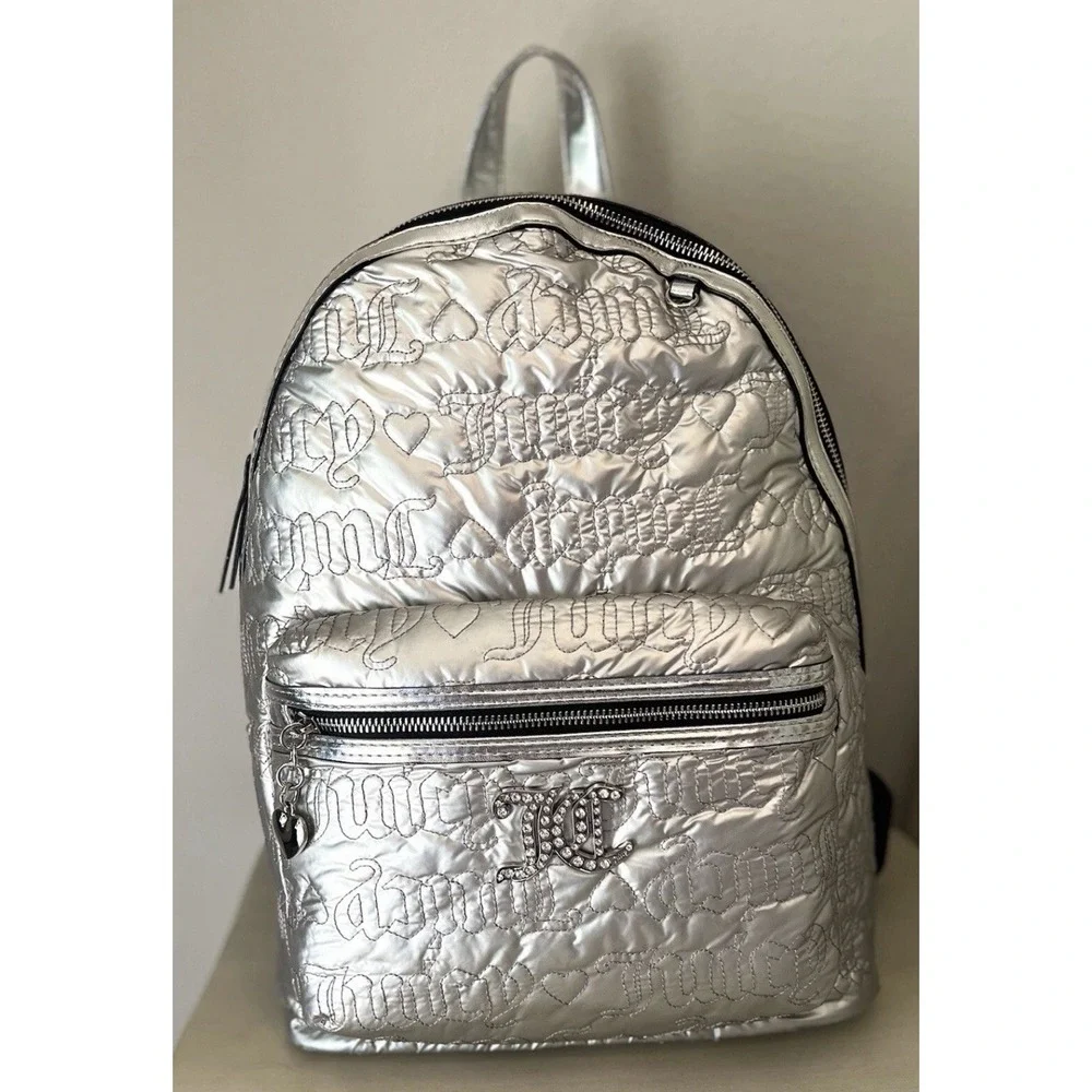 Juicy Couture Metallic Silver Quilted Logo‎ Backpack Rhinestone JC Heart Y2K NEW